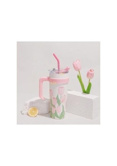 1200ml Pembe Lale Desenli Paslanmaz Çelik Termos
