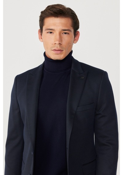 AC&Co / Altınyıldız Classics Erkek Lacivert Slim Fit Dar Kesim Kırlangıç Yaka Desenli Ceket Lacivert