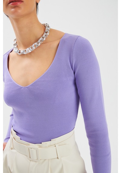 Sateen V Yaka Triko Crop - Lila-131507 Lila