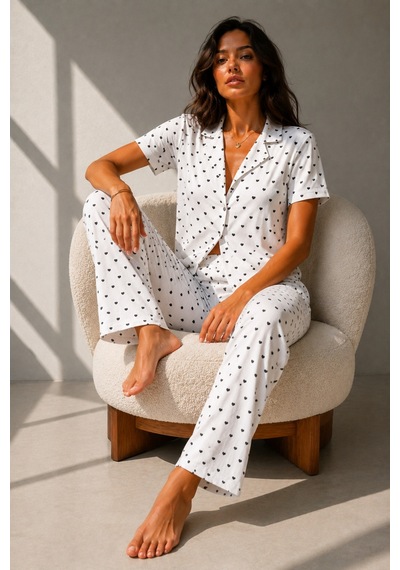 Kadın Klasik Doğal Düğme Gece Kar Beyaz Pijama Takımı