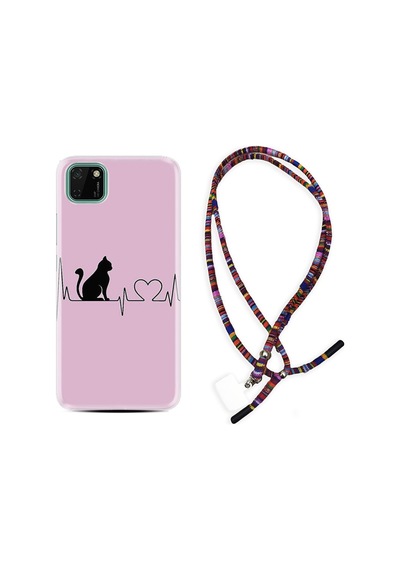 Huawei Y5P Kılıf Rasta Boyun Askılı Pink Cat Heart 1303