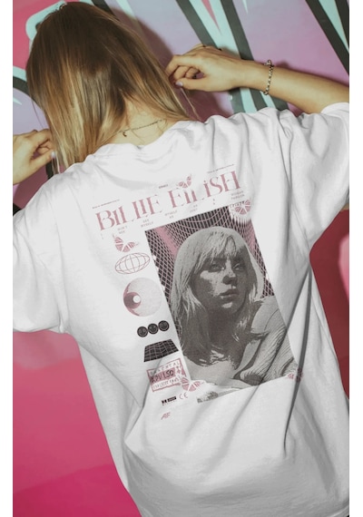 Sevbano Vintage Billie Eilish Şarkıcı Baskılı Unisex Oversize Premium Tiş Beyaz