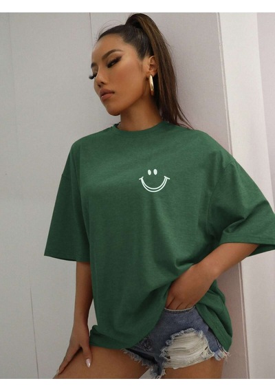 Noıssey Karikatür Ve Grafik Tasarım Oversize T-shirt Cartoon/letter Serisi Kod7 Yeşil