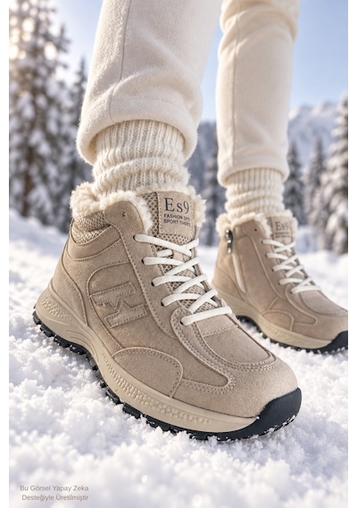 Muggo Nortex Kürklü Fermuarlı Kalın Taban Bağcıklı Kışlık Kadın Sneaker Bot Bej