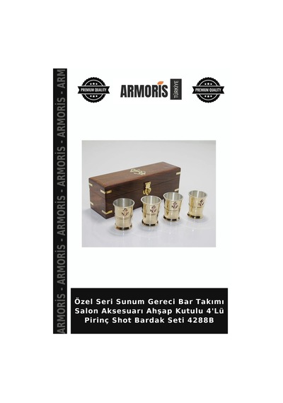 Özel Seri Sunum Gereci Bar Takımı Salon Aksesuarı Ahşap Kutulu 4'lü Pirinç Shot Bardak Seti 4288b
