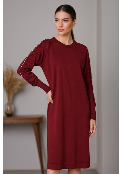 Onno Style Women Triko Kolu Taşlı Elbise Bordo