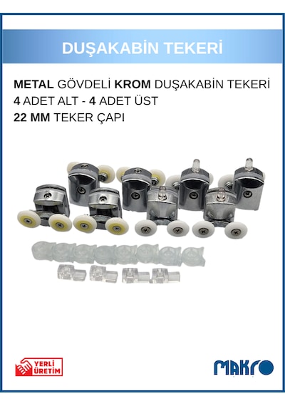 Duşakabin Tekerleği 8'li Cam Kabin Tekeri Rulmanlı Krom Metal Gövdeli Bilyalı Çift Tekerlekli Krom