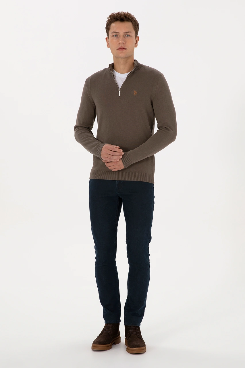 U.S. Polo Assn. Erkek Slim Fit Yarım Fermuarlı Vizon Basic Kazak 50313695-VR052
