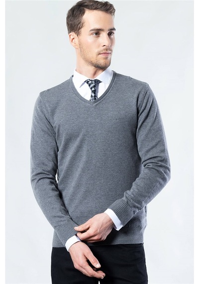 Tudors Slim Fit Dar Kesim V Yaka Pamuklu Erkek Kazak-18041 Gri