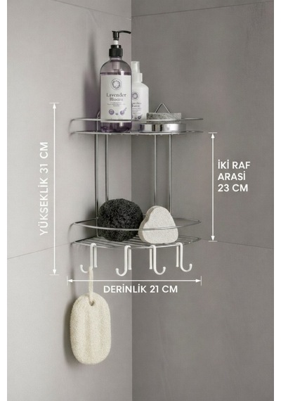 Sas Haus Banyo Köşe Rafı Askılı Duş Organizeri Ve Şampuanlık 2 Katlı Krom Ek-02 Krom