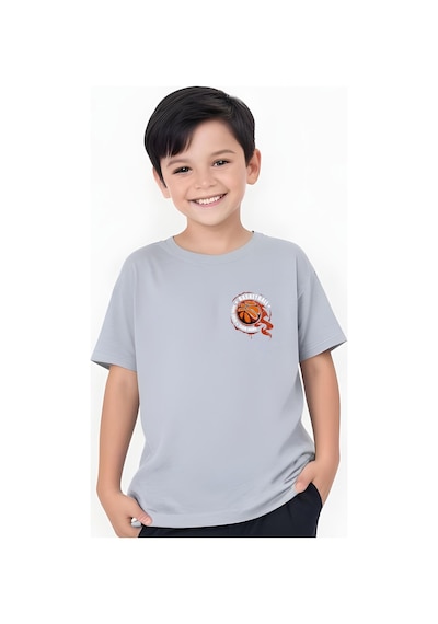 Panios Kids Basketball Baskılı Erkek Çocuk Kısa Kollu Tişört Gri