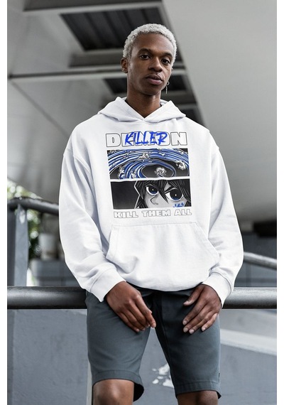 Demon Killer Baskılı Unisex Oversize Kill Them All Anime Hoodie Beyaz