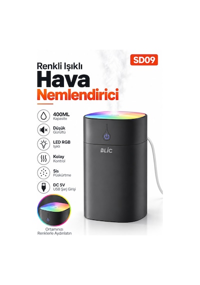 Blic Sd09 400 Ml Ultrasonik Hava Nemlendirici Siyah Rgb Led Işıklı, Usb 5v, 2w Mini Buhar Makinesi
