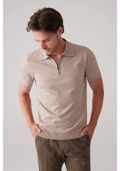 Erkek Vizon Slim Fit Yarım Fermuarlı Pamuk-kaşmir Polo Tişört
