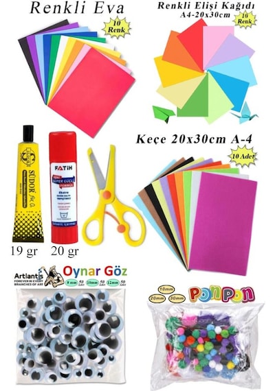 Anaokulu Etkinlik Seti 8 Li 1 Paket Okul Öncesi Gelişim Seti Keçe Oynar Göz Ponpon Elişi Kağıdı Eva