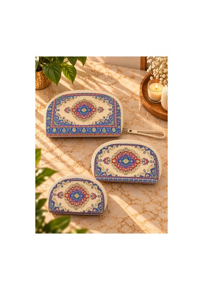 Badufa Home Desenli Fermuarlı Çok Amaçlı 3 Boy Mini Çanta -simli Bej-açık Mavi Bej-açık Mavi