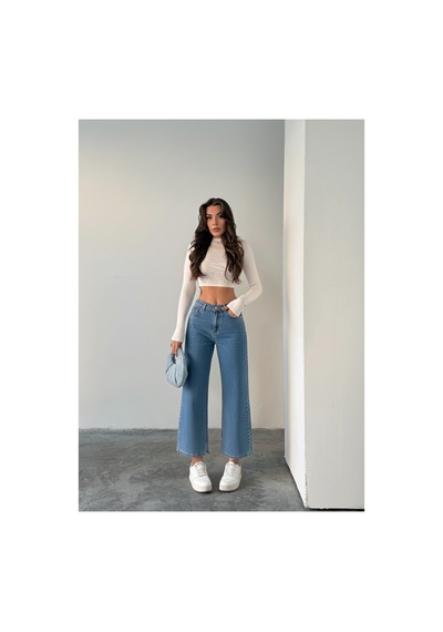 Blue Marlın Mavi Yüksek Bel Bilek Boy Kot Bol Paça Jeans Mavi