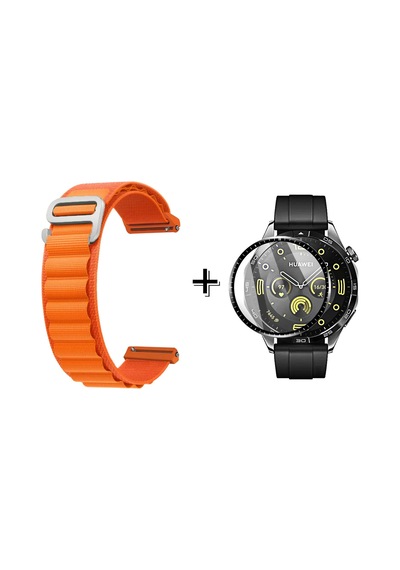 Forzacase Huawei Watch Gt4 46mm İçin Kancalı Kumaş Kordon Kayış + Ekran Koruma Filmi - Fc156 Turuncu