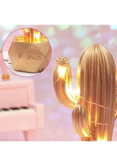 Led Işıklı Sevimli Kaktüs Dekoratif Masa Lambası Mini Biblo Gece Lambası-gold Altın