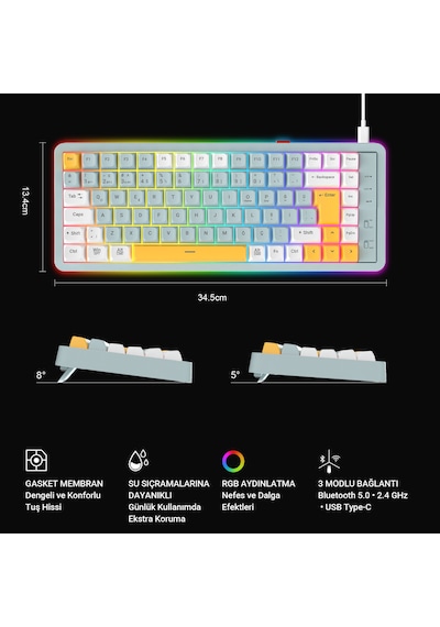 Lecoo GK805 Bluetooth 5.0 / 2.4 GHz / USB 3 Modlu RGB 85 Tuş Gasket Membran Türkçe Q Oyuncu Klavyesi