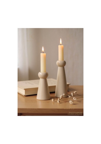 2 Lü Şamdan Biblo Luxury Set Dekoratif Obje Minimalist Ev Aksesuarı Şamdan Bej
