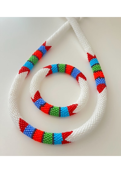 Chichibeads Saf Beyaz Renkli Boncuk Örgü Kolye Bileklik Set Beyaz - Kırmızı