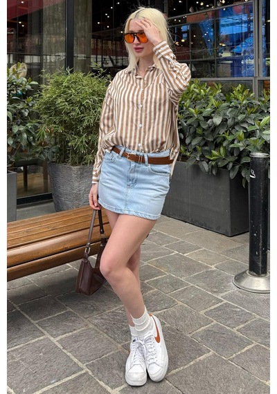 Madmext Bej Cep Detaylı Çizgili Kadın Gömlek Mg2295 Bej
