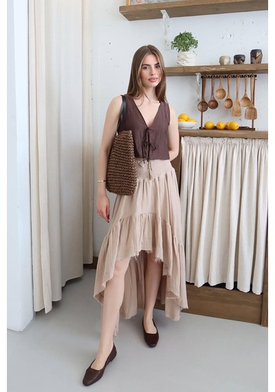 Neşeli Butik Kadın Müslin Kumaş Asimetrik Etek Nbnp011 Bej
