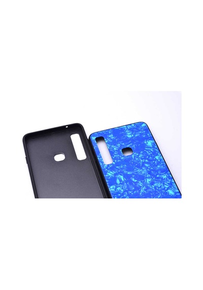 Galaxy Uyumlu A9 2018 Kılıf Mermer Desenli Marbel Temperli Cam Silikon Kılıf Mavi