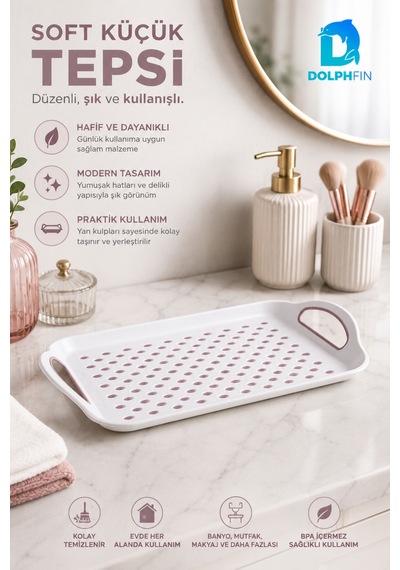 Soft Küçük Boy Kulplu Plastik Servis Tepsisi Nokta Desenli Beyaz Pudra Bpa İçermez Karışık Renk Gönderimi