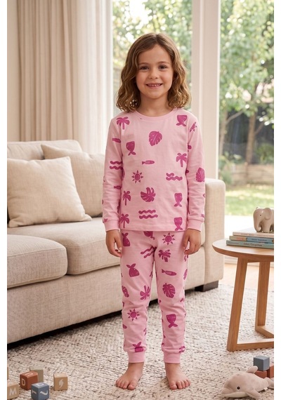 Zuzunga Deniz Temalı Pembe Renk %100 Pamuk Kız Çocuk Pijama Takımı Pudra