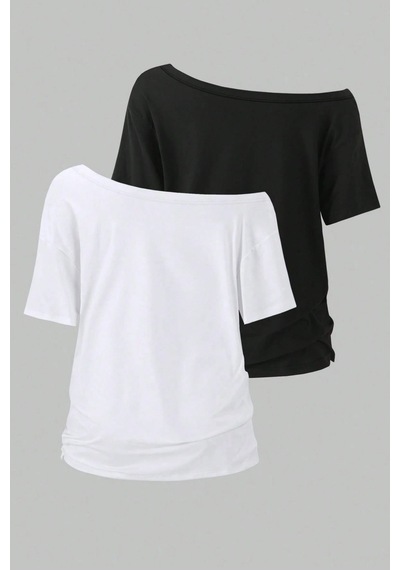 Cool Tarz Siyah Beyaz 2li Paket Kadın Düşük Omuz Kayık Yaka Oversize T-shirt Beyaz - Siyah Beyaz - Siyah
