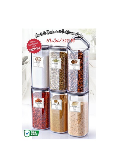 Nandy Home 6 Adet 320ml. Kare Contalı Etiketli Baharat Saklama Kabı Şeffaf