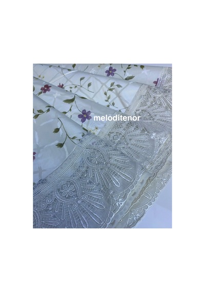Meiwa Güpürlü Kenarlı Parlak Sedefli Küçük Mor Çiçekli Lüks Yuvarlak Pvc Muşamba Masa Örtüsü Beyaz