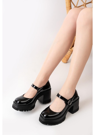 Asmi Shoes Tek Baletli Neon 8 Cm Topuklu Platformlu Loafer Ayakkabı Siyah Rugan Siyah