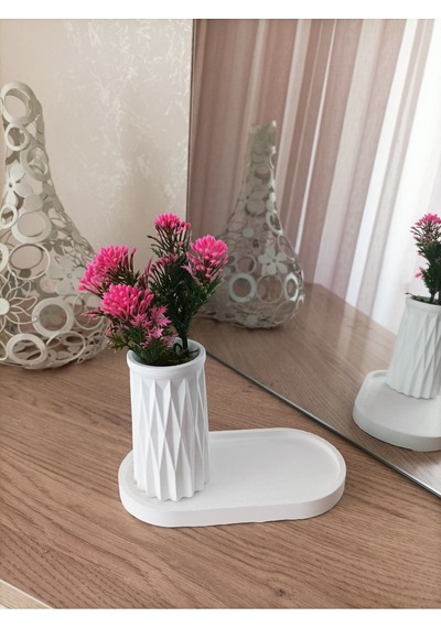 Mini Desenli Beton Saksı Tekli Ve Oval Tabak - Yapay Çiçek Hediyeli - Pembe