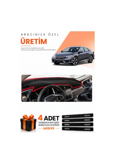 Honda Cıvıc Fc5 2015-2022 Uyumlu Torpido Koruma Örtüsü Oto Kılıfı - Siyah Kırmızı