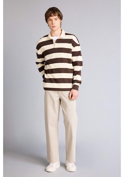 Defacto - Boxy Fıt Polo Yaka Waffle Sweatshirt E8440AX25AU Kahve