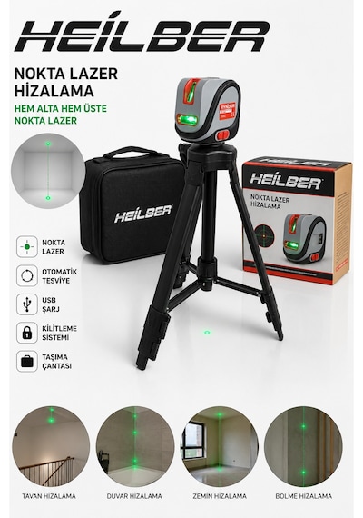 Heilber Ba011528 Yeşil Nokta Lazer Hizalama Cihazı Otomatik Terazili Şaküllü Lazer Usb Şarjlı Taşıma Çantalı