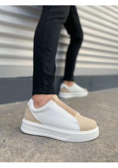 Mevese Torino Erkek Bağcıksız Cilt Günlük Sneaker Ayakkabı Ortopedik Kalın Taban Bej