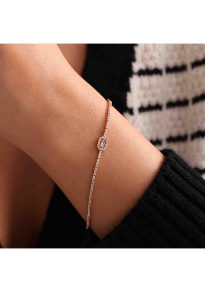 Sembolgold Su Yolu Altın Baget Bileklik Pink Topaz Çok Renkli