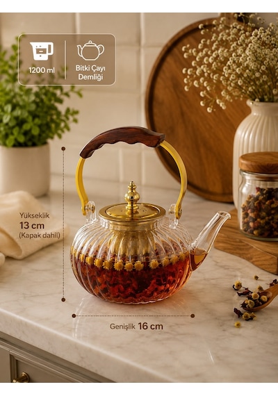 Morponi Ateşe Dayanıklı Borosilikat Cam Demlik - Ahşap Saplı Çizgili Bitki Çayı Demliği 1200 Ml Dr Şeffaf