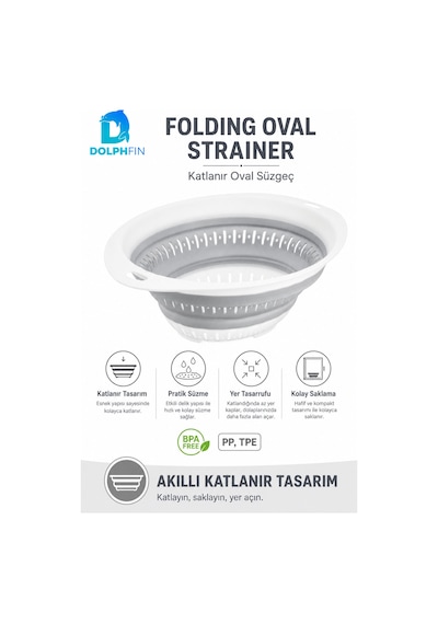 Katlanır Oval Süzgeç Mutfak Pratik Kullanım Gereci Beyaz - Gri