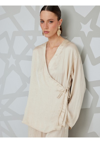 Koton Uzun Kollu Kruvaze Saten Kimono Ceket Bej 5sak50062uw Ekru