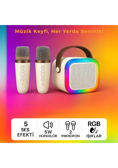 Taşınabilir Çift Karaoke Mikrofonlu Hoparlör Kablosuz Bluetooth 5 Ses Efektli Pembe Renk