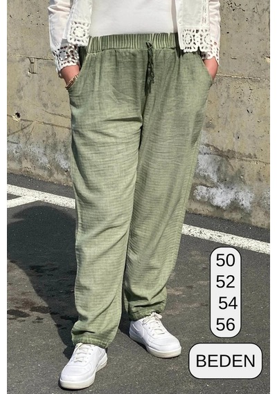 Mia Butik Büyük Beden Yeşil Beli Lastikli Keten Pantolon Yeşil