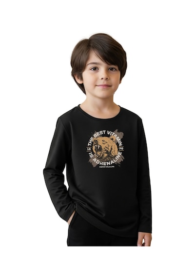 Panios Kids Düz Yuvarlak Yaka Bearr Baski Detayli Erkek Çocuk Sweatshi Rt Siyah