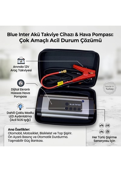 Blue İnter Akü Takviye Cihazı & Akıllı Hava Pompası Çok Fonksiyonlu Taşınabilir Güç Bankası