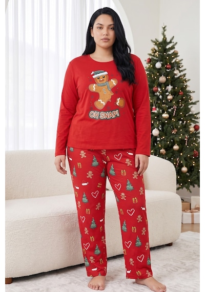 Siyah İnci Pamuklu Likralı Büyük Beden Battal Boy Örme Pijama Takım 26240926 Kırmızı