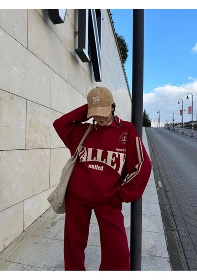 Freedom Storee Kadın 3 İplik Pamuklu Yakalı Sweat Baggy Pantolonlu Takım - Bordo Çok Renkli